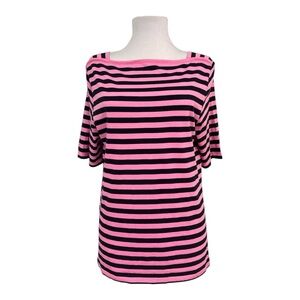 Talbots Large Petite Knit Top Striped Navy Blue Pink Boatneck Square Neck Cotton